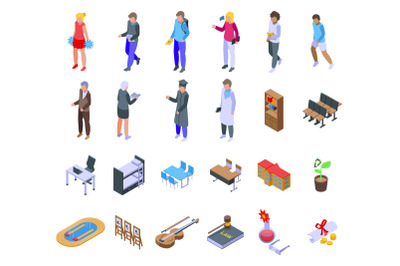 University department icons set isometric vector. Student campus