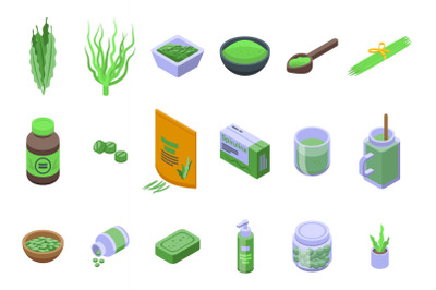 Spirulina icons set isometric vector. Plant seaweed