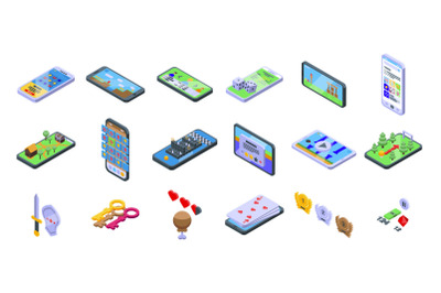 Gameplay icons set isometric vector. Competition computer