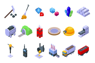 Quarry services icons set isometric vector. Auto car