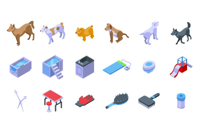 Dogs spa icons set isometric vector. Grooming shower