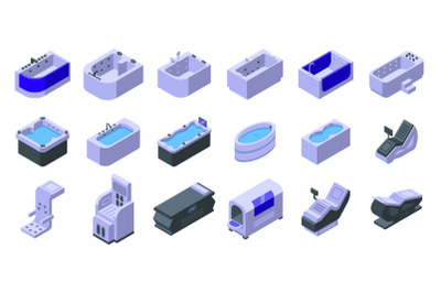 Hydro massage icons set isometric vector. Spa aqua