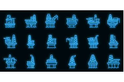 Sea drilling rig icons set vector neon