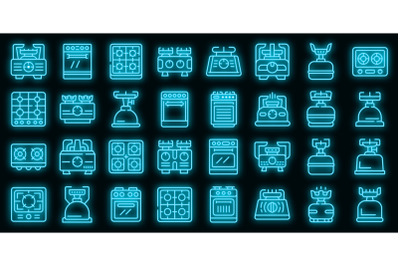 Burning gas stove icons set vector neon