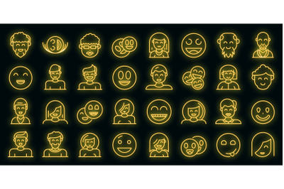 Smiling people icons set vector neon