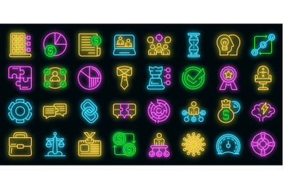 Business collaboration icons set vector neon