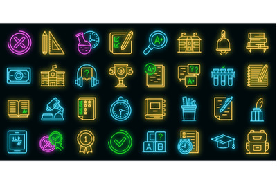 School test icons set vector neon