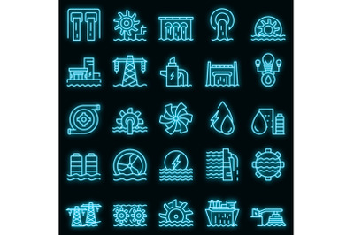 Hydro power icons set vector neon