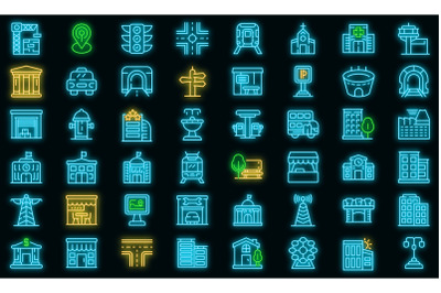 City infrastructure icons set vector neon