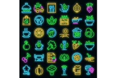 Organic restaurant icons set vector neon