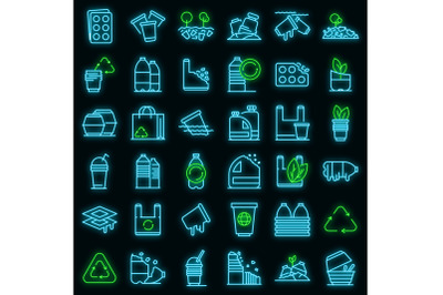 Biodegradable plastic icons set vector neon