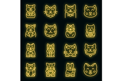 Lucky cat icons set vector neon