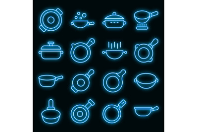 Wok frying pan icons set vector neon