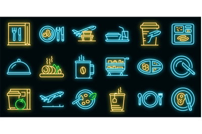 Airline food icons set vector neon