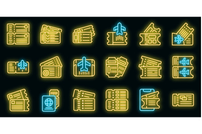 Airline tickets icons set vector neon