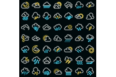 Cloudy weather icons set vector neon