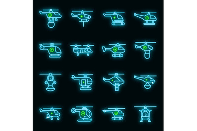 Rescue helicopter icons set vector neon