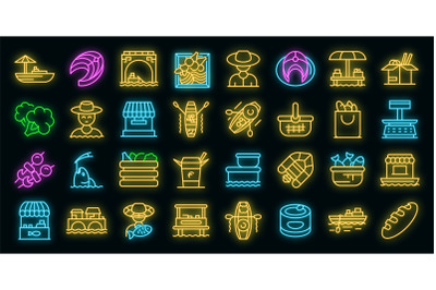 Floating market icons set vector neon