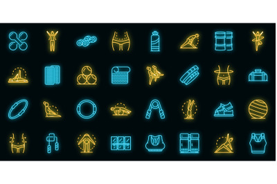 Pilates icons set vector neon