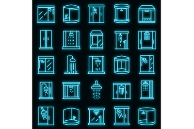 Shower stall icons set vector neon