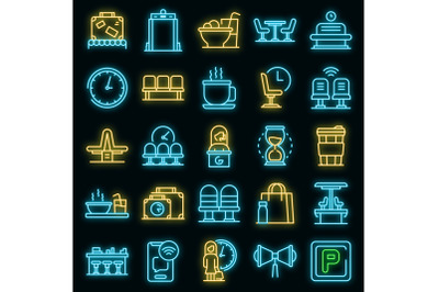 Waiting area icons set vector neon