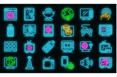 Interactive tv icons set vector neon