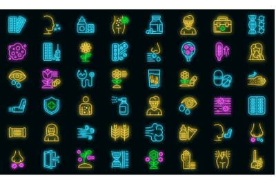 Seasonal allergy icons set vector neon