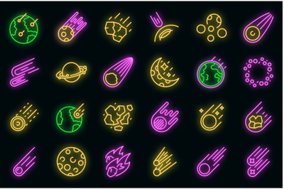 Asteroid icons set vector neon