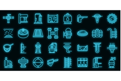 Equipment for pool icons set vector neon