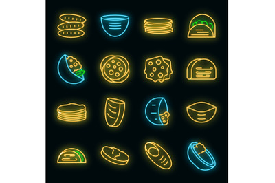 Pita bread icons set vector neon