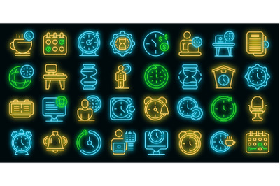 Flexible working hours icons set vector neon