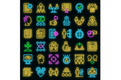 Contribute work icons set vector neon