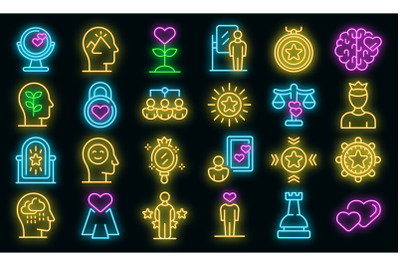 Self-esteem icons set vector neon