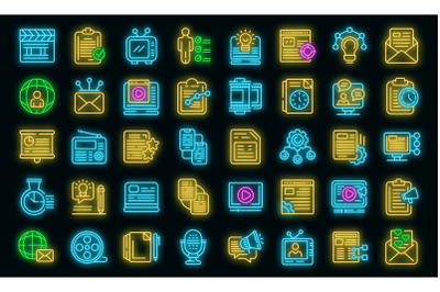 Social project icons set vector neon