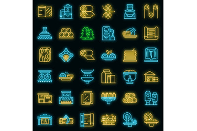 Paper production icons set vector neon