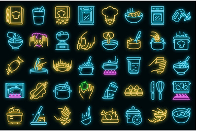 Hands preparing foods icons set vector neon