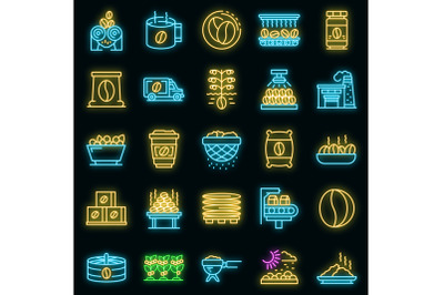 Coffee production icons set vector neon