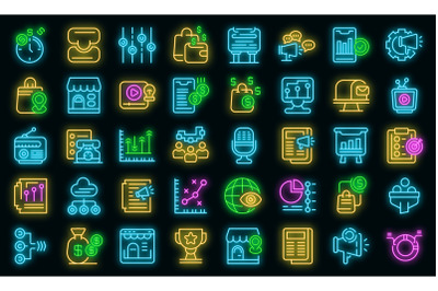 Marketing mix icons set vector neon