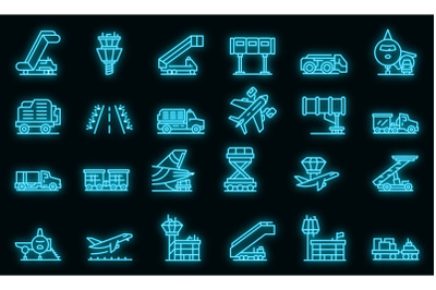 Airport ground support service icons set vector neon