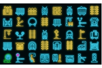 Railway platform icons set vector neon