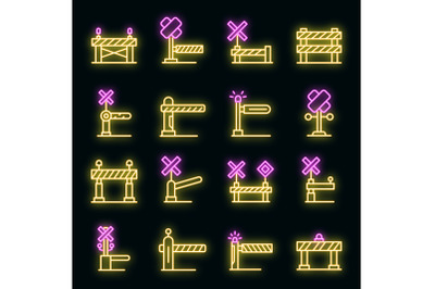 Railroad barrier icons set vector neon