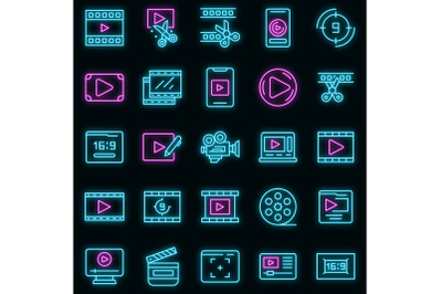 Clip montage icons set vector neon