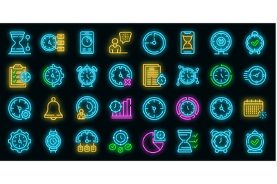 Time management icons set vector neon