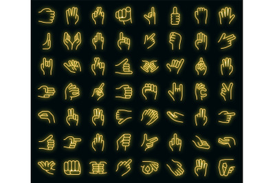 Hand gestures icons set vector neon