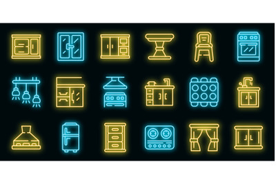 Kitchen furniture icons set vector neon