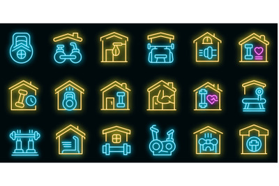 Home gym icons set vector neon