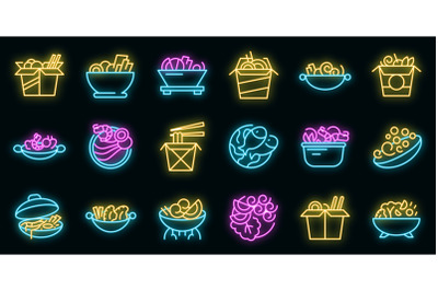 Wok menu icons set vector neon