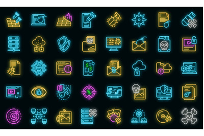 Malware icons set vector neon