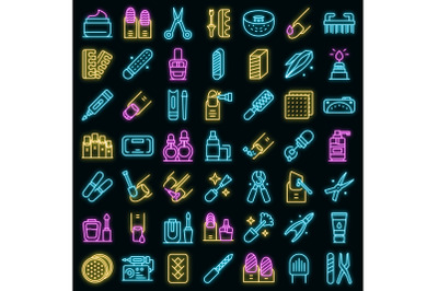 Equipment for manicure icons set vector neon