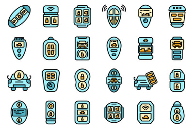 Smart car key icons set line color vector